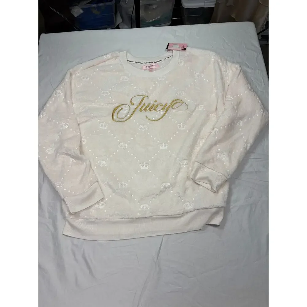NWT Juicy Couture fuzzy fleece 2 pc set. crown embossed, Juicy chest, butt. Sz L